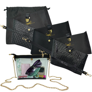 Caitie G- Bundle: Signature Clear Bag with Black Alligator, Woven Black, Pebble Black Wrap & Strap-