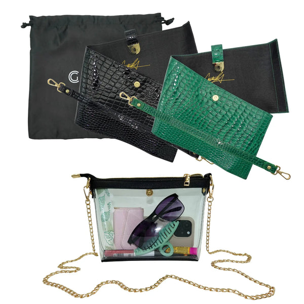 Caitie G- Bundle: Signature Clear Bag, Green Alligator Wrap & Strap, Black Alligator Wrap & Strap-