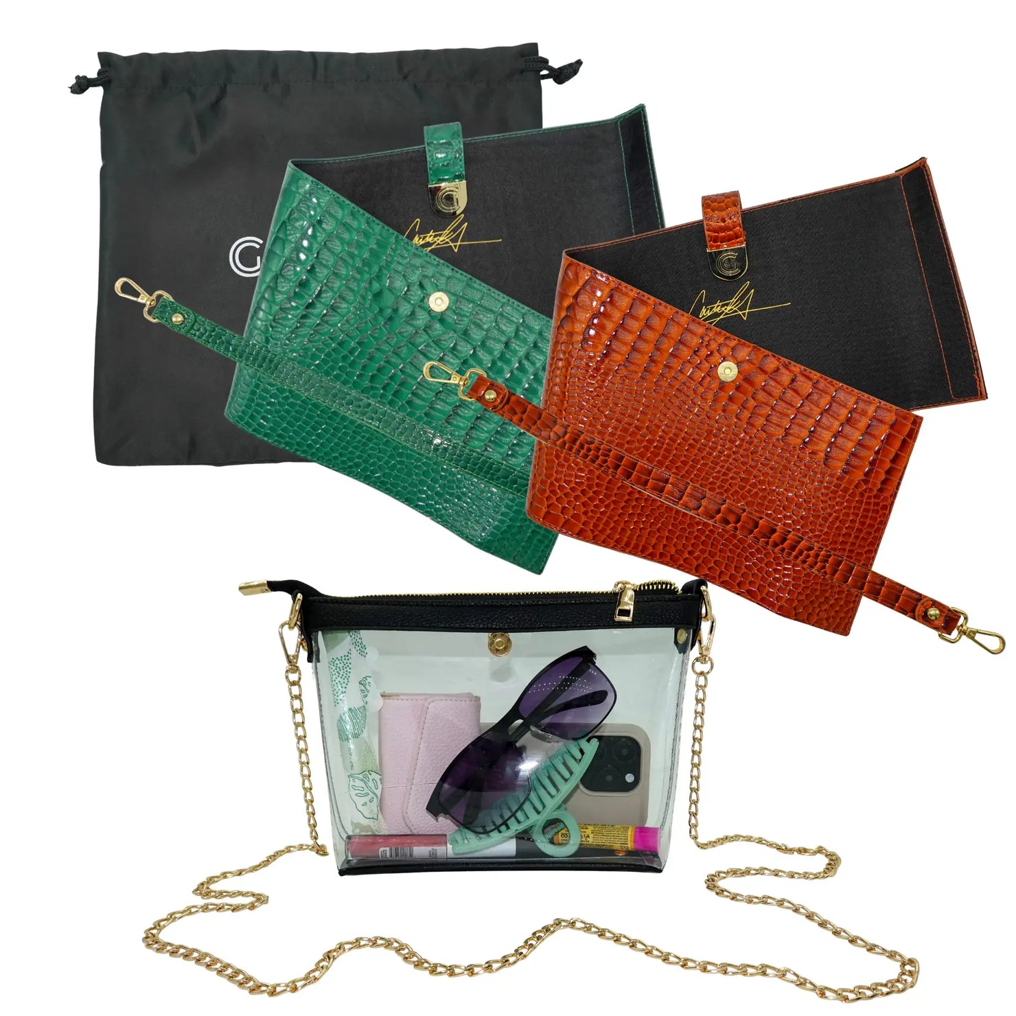 Caitie G- Bundle: Signature Clear Bag, Green Alligator Wrap & Strap, Orange Alligator Wrap & Strap-