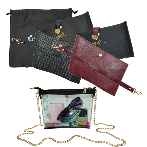 Caitie G- Bundle: Signature Clear Bag, Maroon Stitched Wrap & Strap, Black Woven Wrap & Strap-