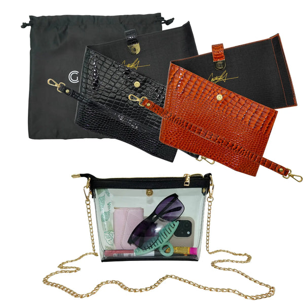 Caitie G- Bundle: Signature Clear Bag, Orange Alligator Wrap & Strap, Black Alligator Wrap & Strap-