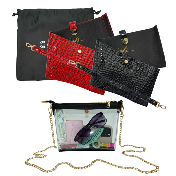 Caitie G- Bundle: Signature Clear Bag, Red Alligator Wrap & Strap, Black Alligator Wrap & Strap-