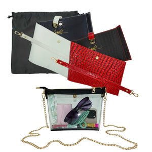 Caitie G- Bundle: Signature Clear Bag, Red Alligator Wrap & Strap, Ivory Pebble Wrap & Strap-
