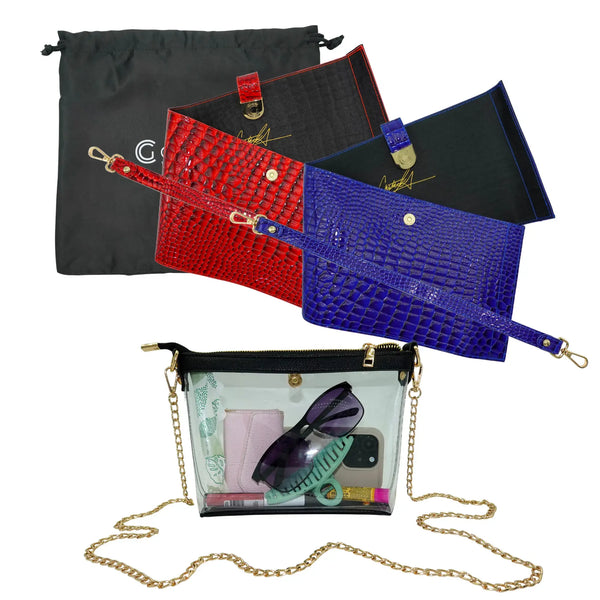 Caitie G- Bundle: Signature Clear Bag, Red Alligator Wrap & Strap, Royal Blue Alligator Wrap & Strap-