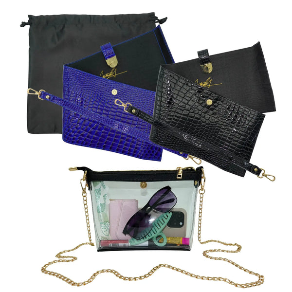 Caitie G- Bundle: Signature Clear Bag, Royal Blue Alligator Wrap & Strap, Black Alligator Wrap & Strap-