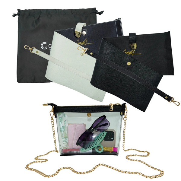 Caitie G- PREORDER: Bundle: Signature Clear Bag, Black Pebble Wrap & Strap, Ivory Pebble Wrap & Strap-