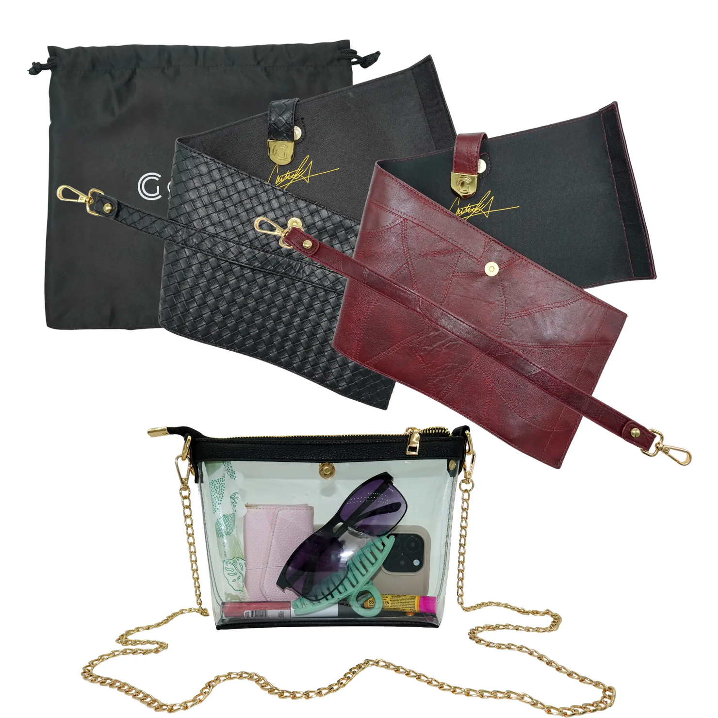 Caitie G- PREORDER: Bundle: Signature Clear Bag, Maroon Stitched Wrap & Strap, Black Woven Wrap & Strap-