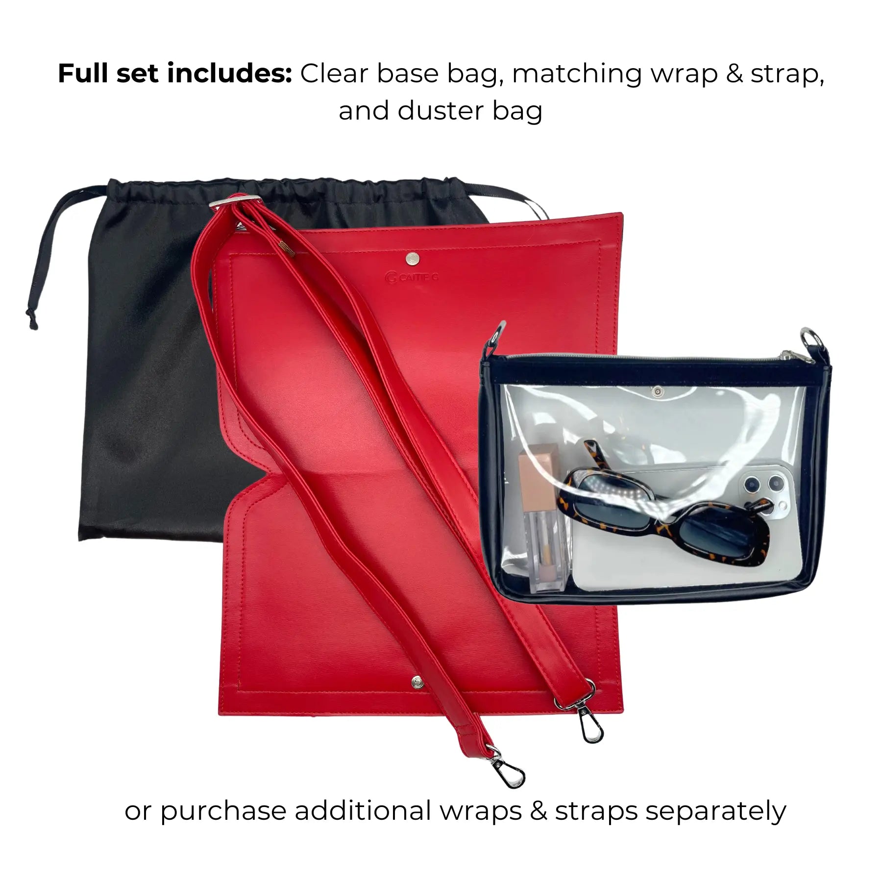 Caitie G- Smooth Red- Full-Set-Clear-bag-Wrap-Strap