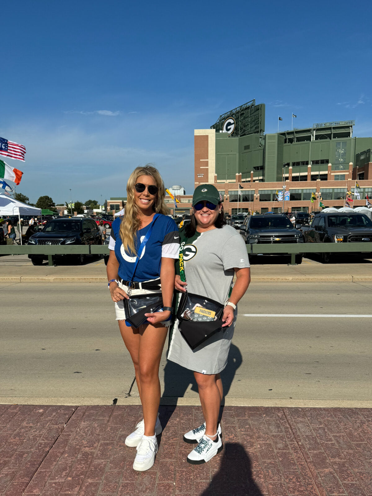 Fans wearing Caitie G bags outside Lambeau Field